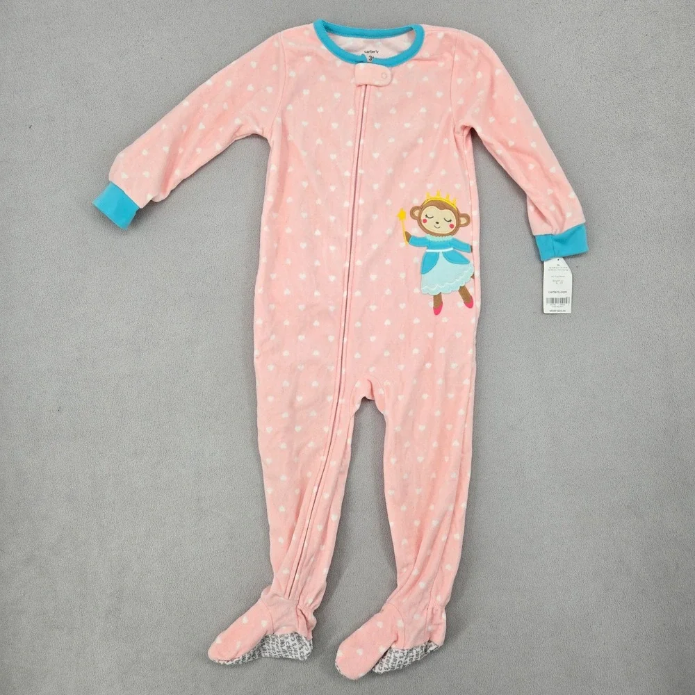 Carter's Toddler Girls NWT 3T Footed Pajamas Princess Monkey Heart Fleece